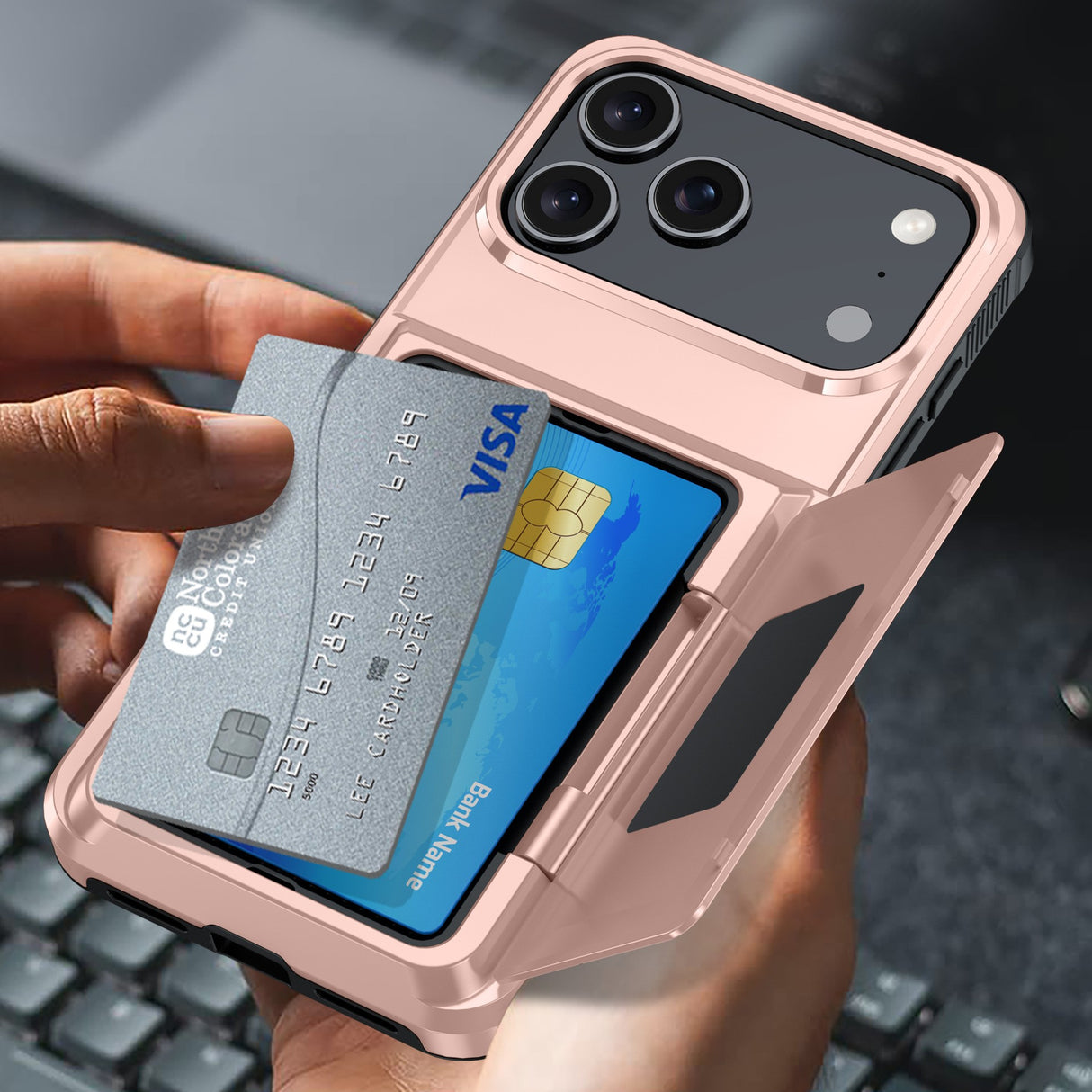 Husa de Protectie compatibila Apple iPhone 17 Pro Max, Vivimall, Compartiment pentru Carduri, Anti-alunecare, Protectie PC, Rezistenta la Zgirieturi, Rose Gold - vivimall.ro