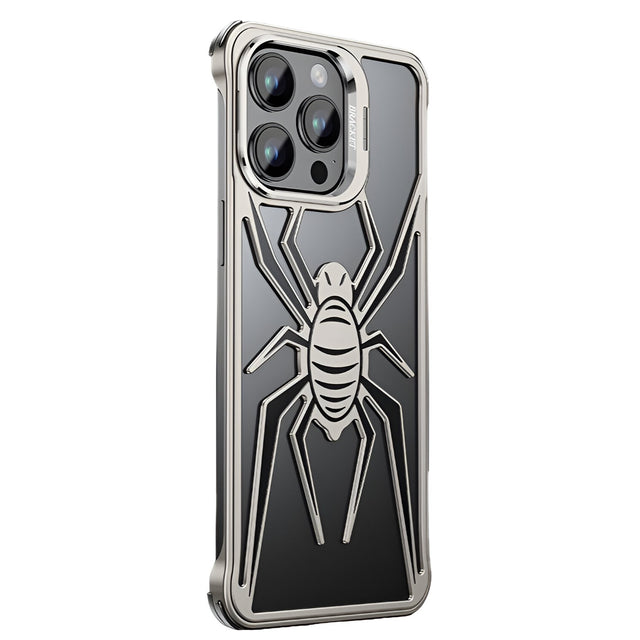 Husa de Protectie Compatibila iPhone 15 Pro, cu Suport Metalic pentru Camera, Armor Protective Series, Vivimall, Antisoc, Protectie de Metal pe Margini, Model Paianjen, Negru Gri - vivimall.ro