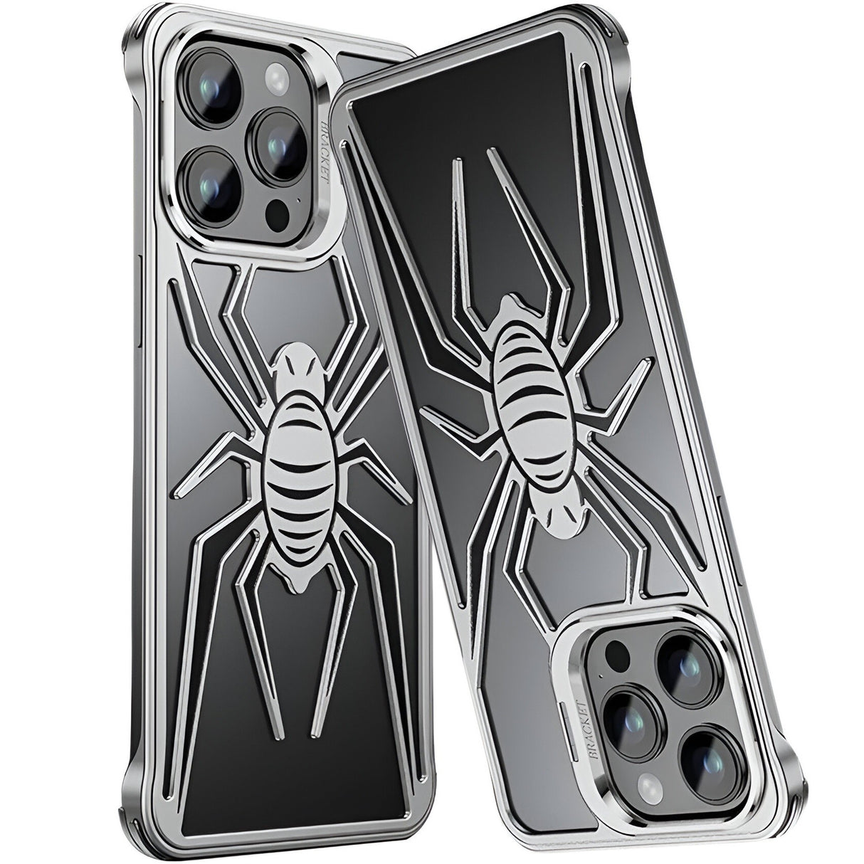 Husa de Protectie Compatibila iPhone 15 Pro Max, cu Suport Metalic pentru Camera, Armor Protective Series, Vivimall, Antisoc, Protectie de Metal pe Margini, Model Paianjen, Negru Gri - vivimall.ro