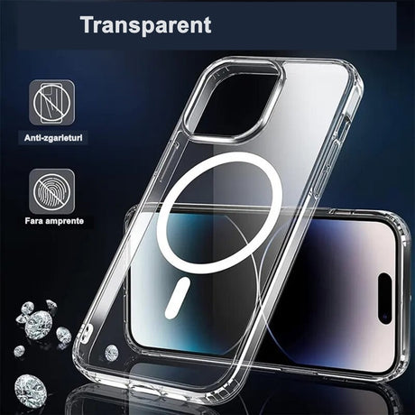 Husă iPhone 15 Pro transparentă MagSafe, vedere spate cu decupaj mare pentru cameră