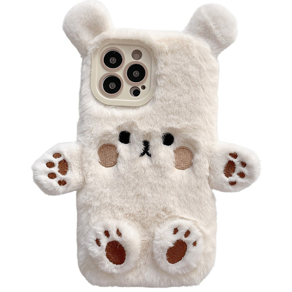 Husa de Protectie, Vivimall, pentru Apple iPhone 15, Model Ursulet Pufos cu Urechi, Maini si Picioare, Antisoc, Rezistenta la Impact, Protectie Camera, Alb - vivimall.ro