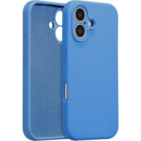 Husă iPhone 16 Plus silicon lichid albastru, vedere frontală, cu decupaje precise pentru porturi