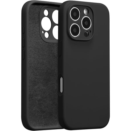 Husă iPhone 16 Pro Max din silicon lichid negru, vedere frontală, model Vivimall Liquid Silicone