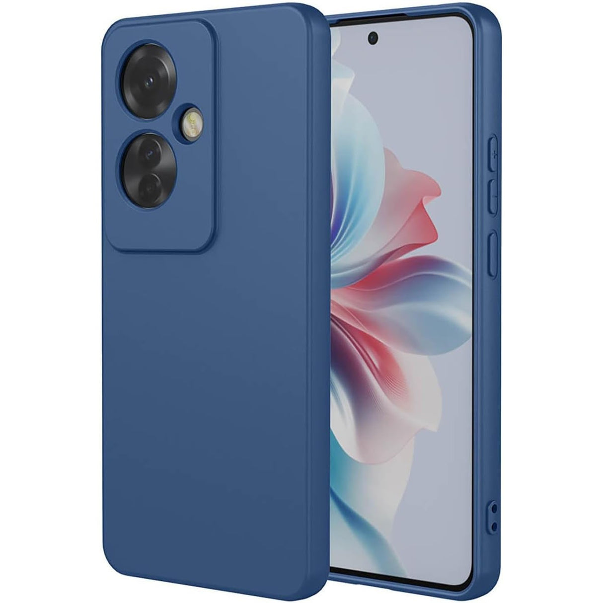 Husă Oppo Reno 11 F din silicon lichid albastru, vedere frontală, protecție antisoc cu margini ridicate