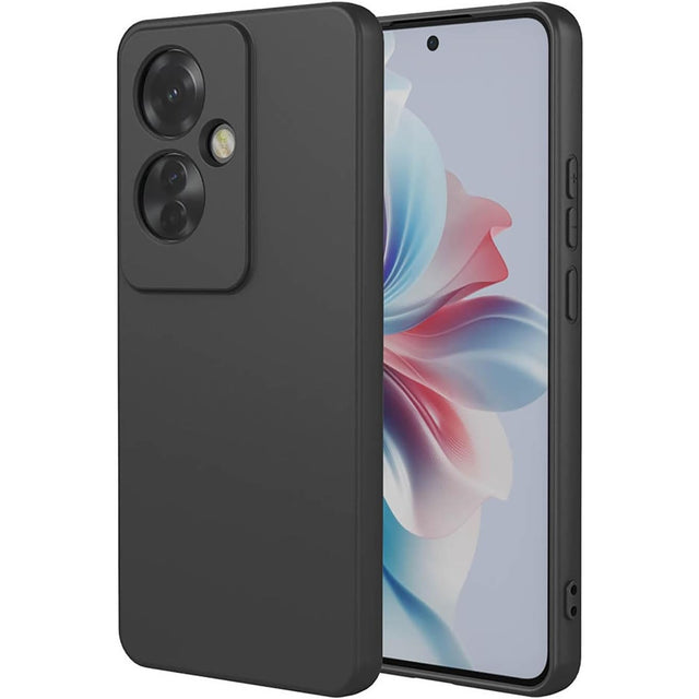 Husă Oppo Reno 11 F din silicon lichid negru, vedere frontală, căptușeală microfibră