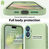 Husă iPhone 16 verde mat, detaliu buză ridicată pentru protecția modulului foto