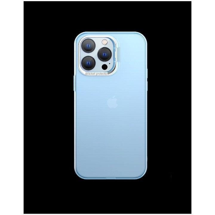 Husa de protectie pentru iPhone 14, cu suport metalic pentru camera, Bracket Series, Flippy, Protectie Antisoc, PC mat, silicon moale pe margini, Albastru - vivimall.ro