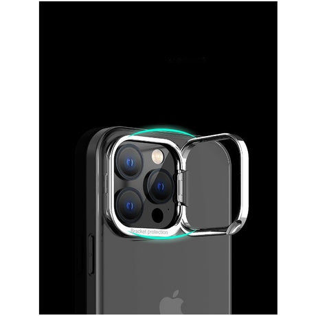 Husa de protectie pentru iPhone 14 Pro, cu suport metalic pentru camera, Bracket Series, Flippy, Protectie Antisoc, PC mat, silicon moale pe margini, Negru - vivimall.ro
