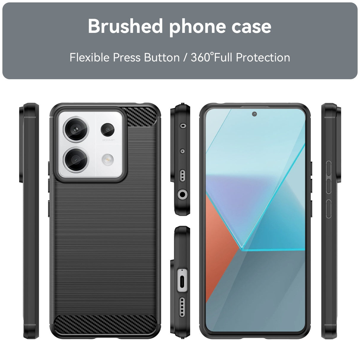 Husa de Protectie pentru Xiaomi Redmi Note 13 Pro, Vivimall, Protectie 360, din TPU cu element de Carbon, Anti Alunecare, 1.8 mm, Negru - vivimall.ro