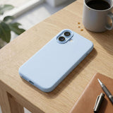 Husă Flippy iPhone 16 Plus albastră, decupaj Camera Control și butoane tactile, vedere laterală