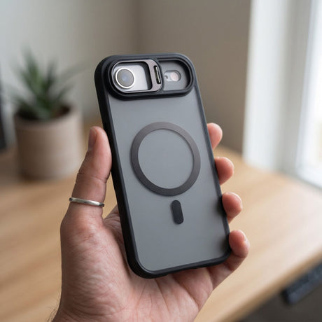 Detaliu suport metalic protecție cameră husă Flippy Acrylic pentru iPhone 17 Air, unghi apropiat