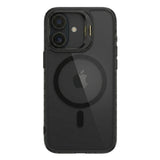 Husă Flippy iPhone 17 MagSafe negru, vedere frontală, acrilic rigid și suport metalic cameră