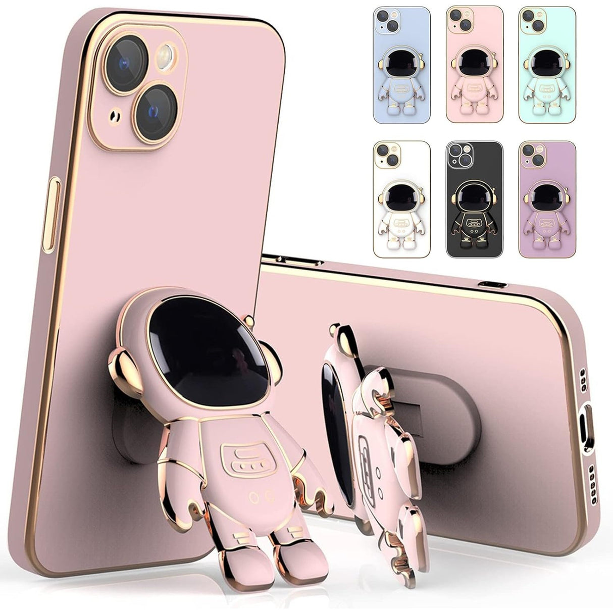 Husa de Protectie TPU 2in1, Vivimall, pentru Apple iPhone 14 Plus, Astronaut cu Suport, Antisoc, Rezistenta la Impact, Protectie Camera, Roz - vivimall.ro