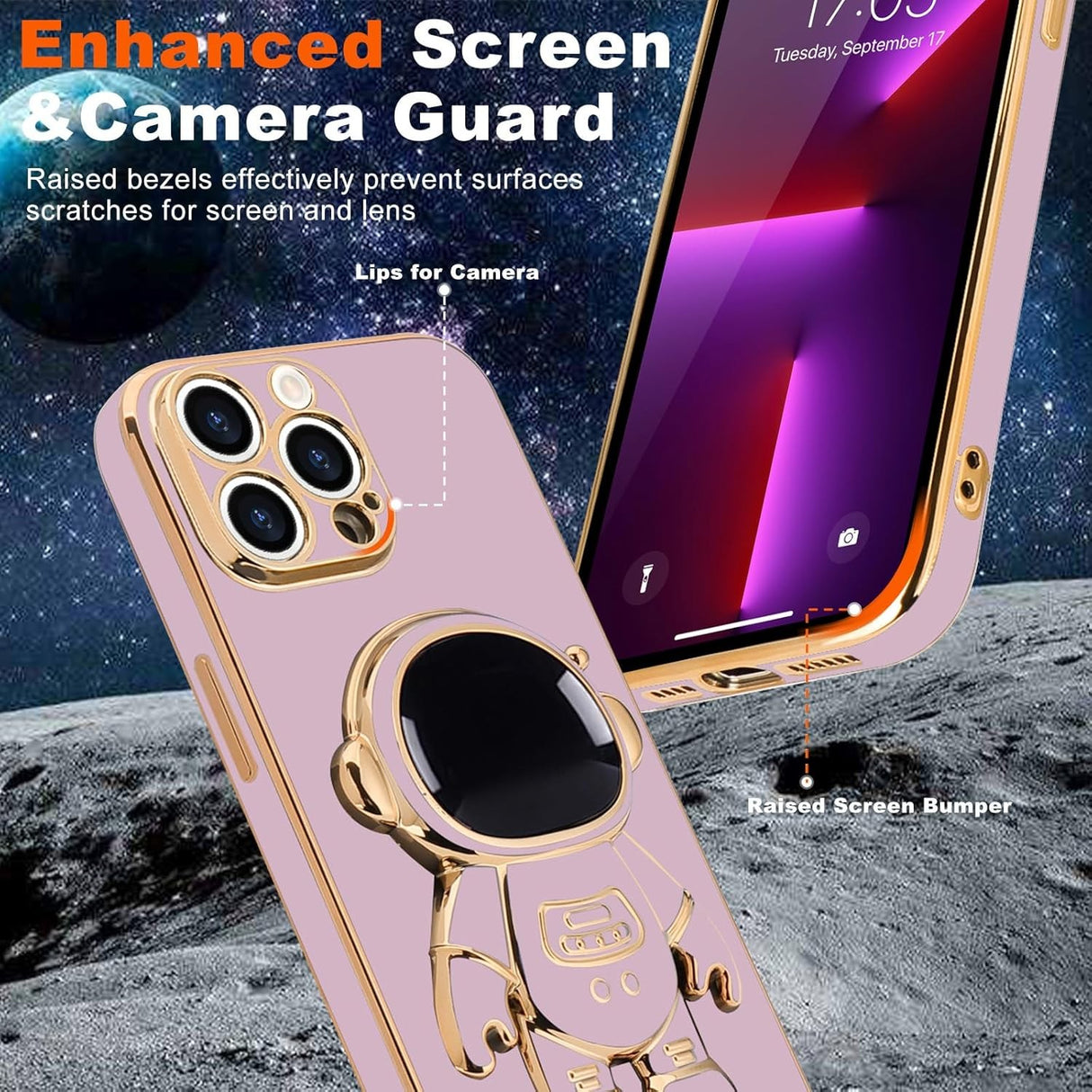 Husa de Protectie TPU 2in1, Vivimall, pentru Apple iPhone 14 Pro, Astronaut cu Suport, Antisoc, Rezistenta la Impact, Protectie Camera, Mov - vivimall.ro