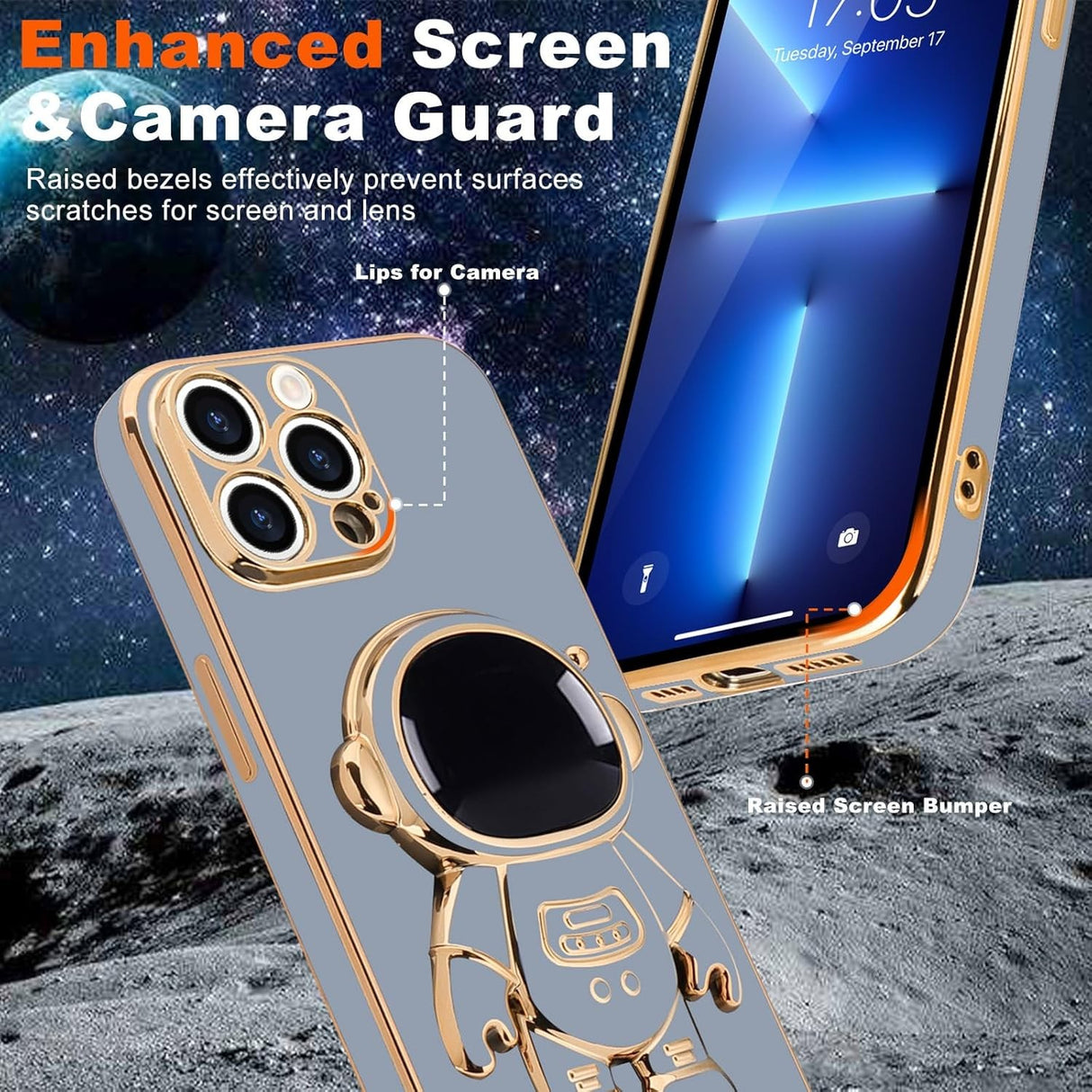 Husa de Protectie TPU 2in1, Vivimall, pentru Apple iPhone 14 Pro Max, Astronaut cu Suport, Antisoc, Rezistenta la Impact, Protectie Camera, Albastru - vivimall.ro
