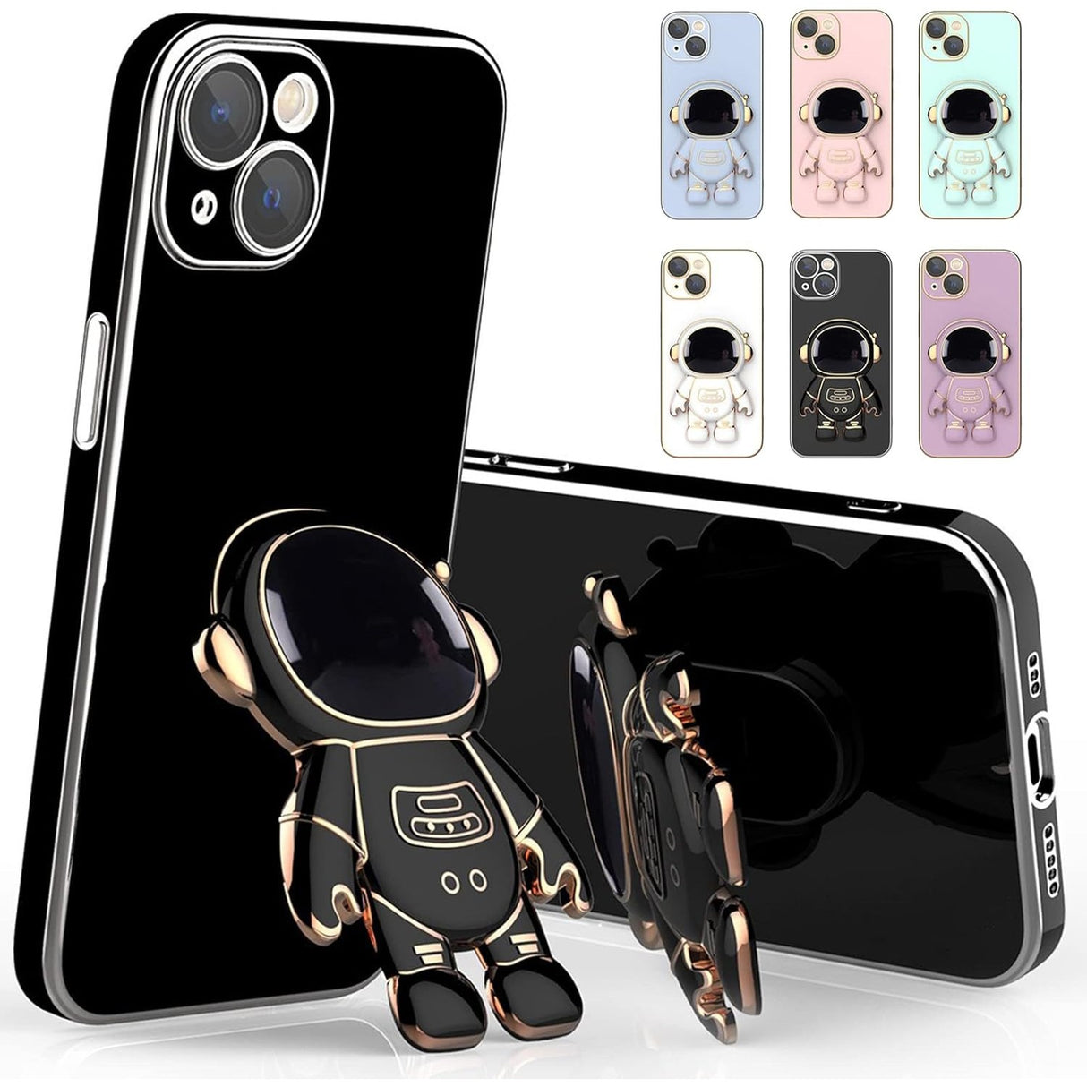 Husa de Protectie TPU 2in1, Vivimall, pentru Apple iPhone 15, Astronaut cu Suport, Antisoc, Rezistenta la Impact, Protectie Camera, Negru - vivimall.ro