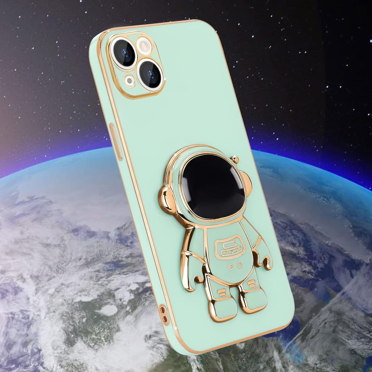 Husa de Protectie TPU 2in1, Vivimall, pentru Apple iPhone 15 Plus, Astronaut cu Suport, Antisoc, Rezistenta la Impact, Protectie Camera, Verde - vivimall.ro