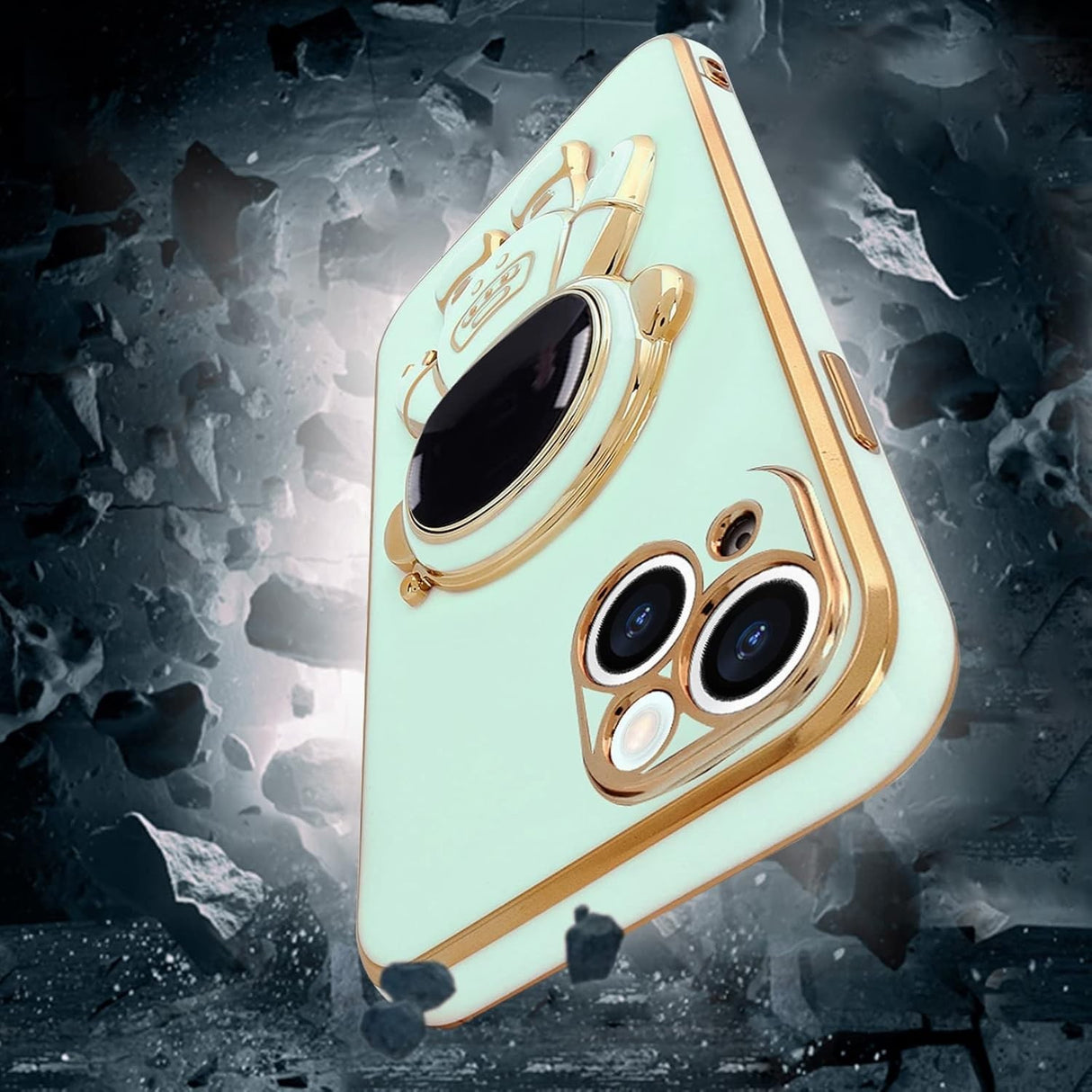 Husa de Protectie TPU 2in1, Vivimall, pentru Apple iPhone 15 Plus, Astronaut cu Suport, Antisoc, Rezistenta la Impact, Protectie Camera, Verde - vivimall.ro