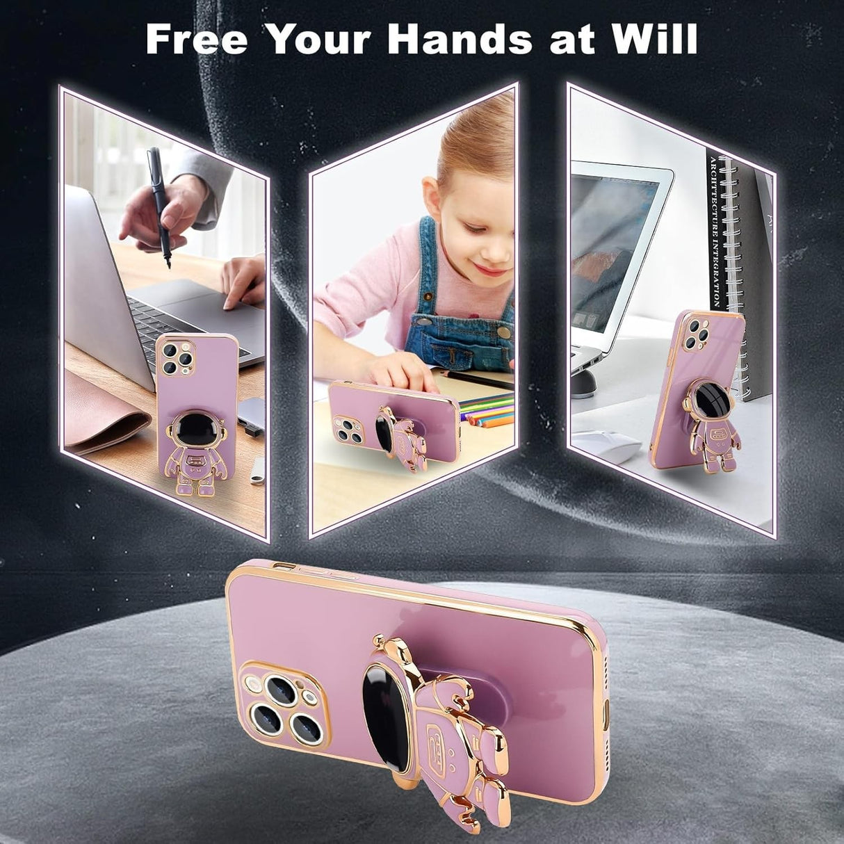 Husa de Protectie TPU 2in1, Vivimall, pentru Apple iPhone 15 Pro, Astronaut cu Suport, Antisoc, Rezistenta la Impact, Protectie Camera, Mov - vivimall.ro