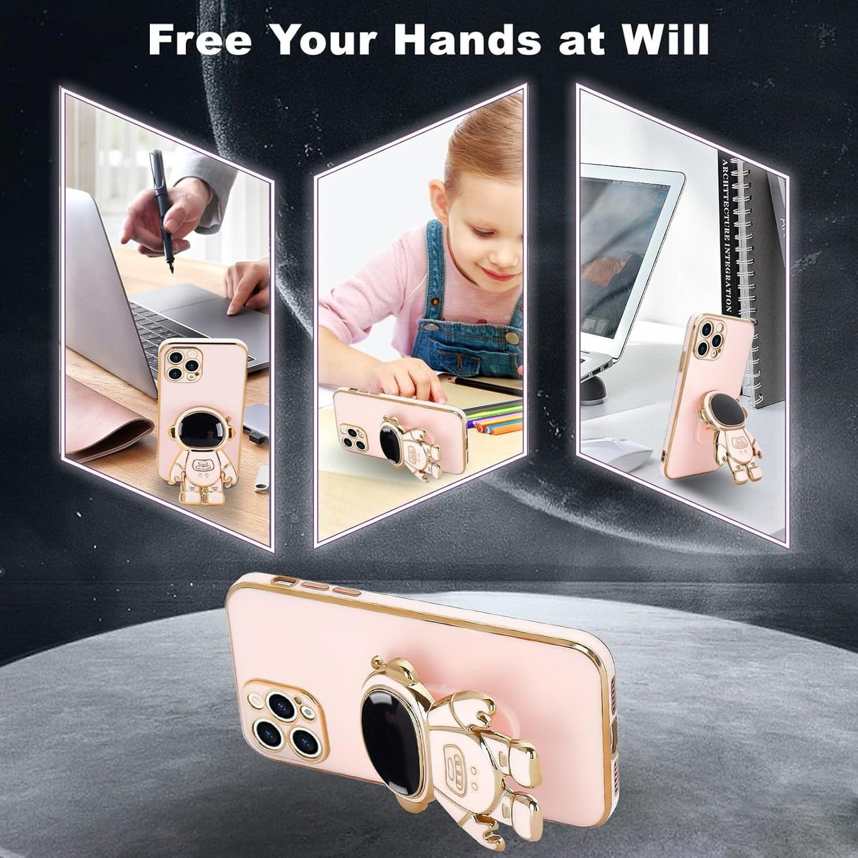 Husa de Protectie TPU 2in1, Vivimall, pentru Apple iPhone 15 Pro, Astronaut cu Suport, Antisoc, Rezistenta la Impact, Protectie Camera, Roz - vivimall.ro