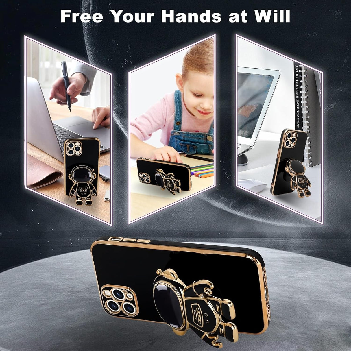 Husa de Protectie TPU 2in1, Vivimall, pentru Apple iPhone 15 Pro Max, Astronaut cu Suport, Antisoc, Rezistenta la Impact, Protectie Camera, Negru - vivimall.ro