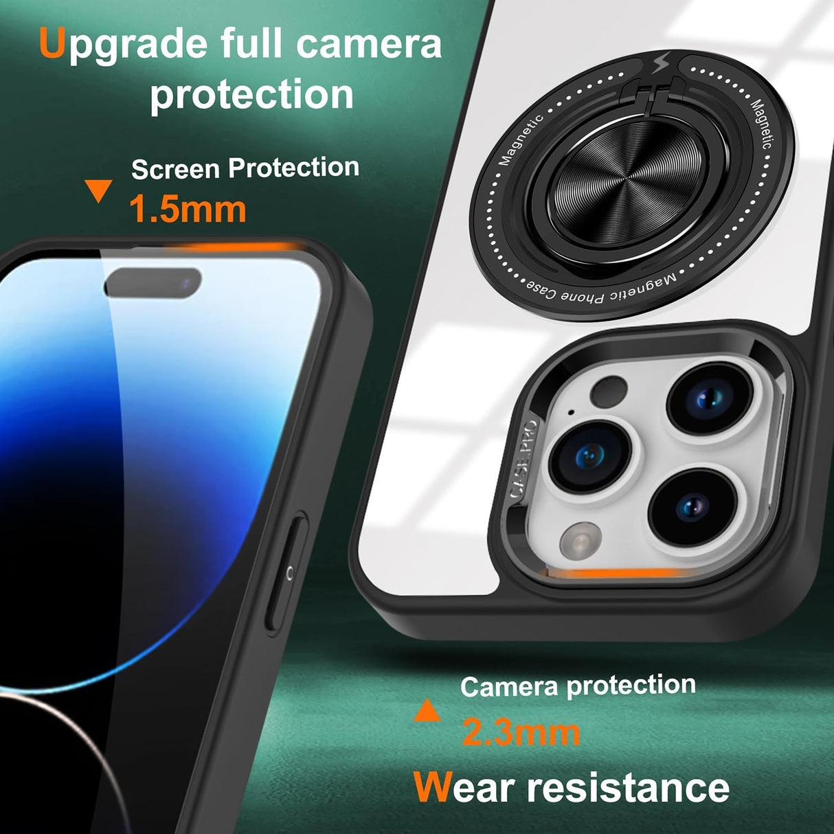 Husa de Protectie TPU, Vivimall, pentru iPhone 16 Pro, Anticadere, cu Incarcare Wireless, Tehnologie Magsafe, Inel Magnetic Rotativ cu Functie de Suport, Transparent-Negru - vivimall.ro