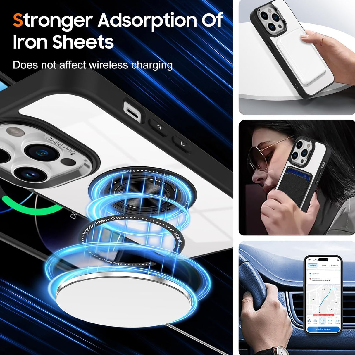 Husa de Protectie TPU, Vivimall, pentru iPhone 16 Pro, Anticadere, cu Incarcare Wireless, Tehnologie Magsafe, Inel Magnetic Rotativ cu Functie de Suport, Transparent-Negru - vivimall.ro