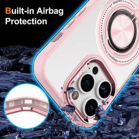 Detaliu inel magnetic rotativ 360° al husei iPhone 16 Pro compatibile MagSafe, nuanță roz