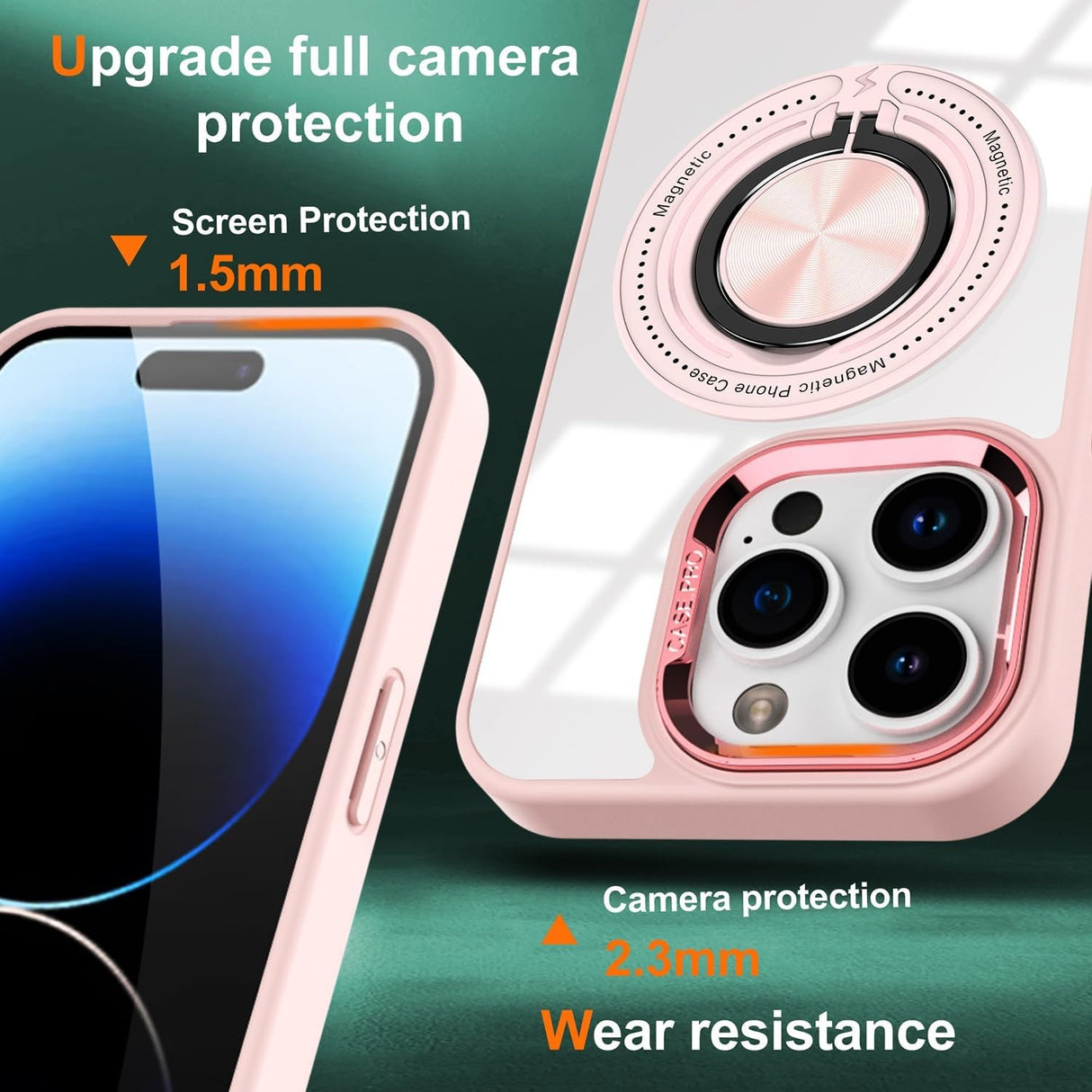 Husa de Protectie TPU, Vivimall, pentru iPhone 16 Pro, Anticadere, cu Incarcare Wireless, Tehnologie Magsafe, Inel Magnetic Rotativ cu Functie de Suport, Transparent-Roz - vivimall.ro