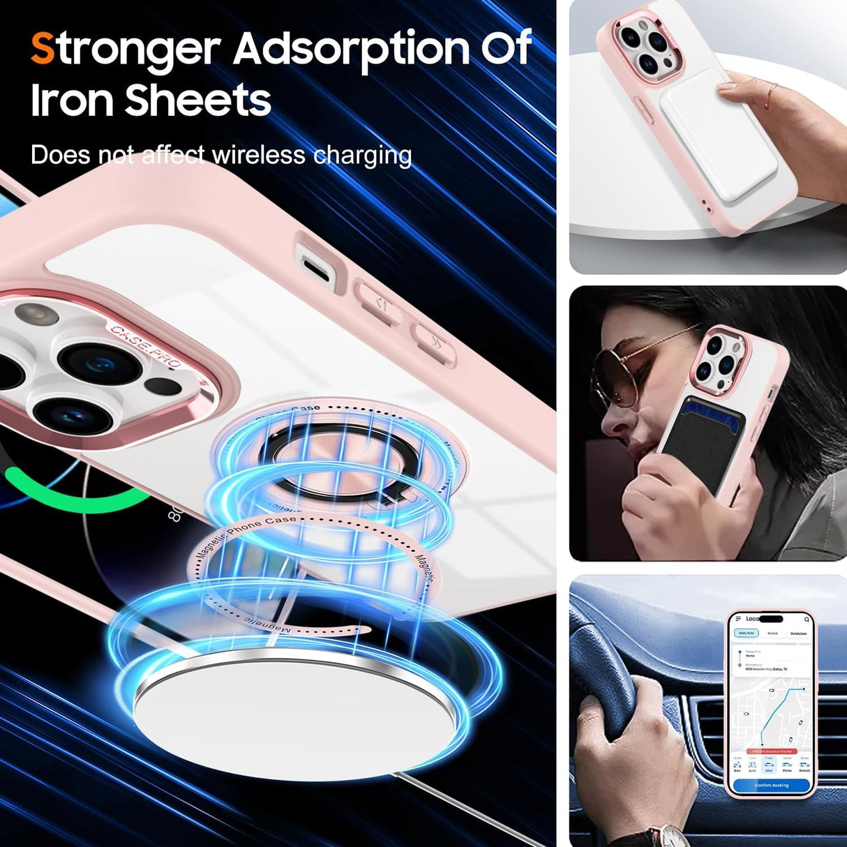 Husa de Protectie TPU, Vivimall, pentru iPhone 16 Pro, Anticadere, cu Incarcare Wireless, Tehnologie Magsafe, Inel Magnetic Rotativ cu Functie de Suport, Transparent-Roz - vivimall.ro