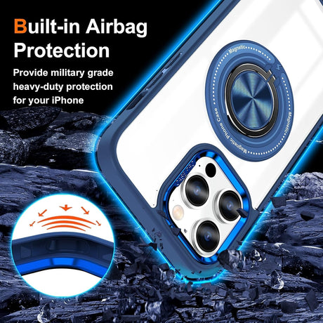Husa de Protectie TPU, Vivimall, pentru iPhone 16 Pro, cu Incarcare Wireless, Tehnologie Magsafe, Inel Magnetic Rotativ cu Functie de Suport, Transparent-Albastru Inchis - vivimall.ro