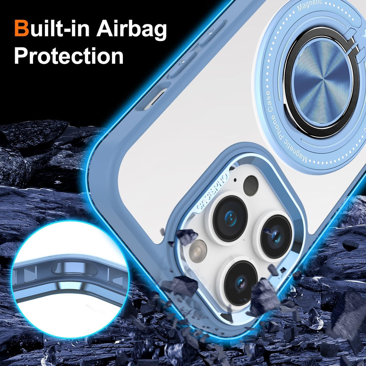 Husa de Protectie TPU, Vivimall, pentru iPhone 16 Pro Max, Anticadere, cu Incarcare Wireless, Tehnologie Magsafe, Inel Magnetic Rotativ cu Functie de Suport, Transparent-Albastru Deschis - vivimall.ro