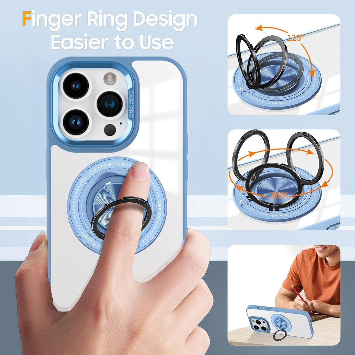 Husa de Protectie TPU, Vivimall, pentru iPhone 16 Pro Max, Anticadere, cu Incarcare Wireless, Tehnologie Magsafe, Inel Magnetic Rotativ cu Functie de Suport, Transparent-Albastru Deschis - vivimall.ro