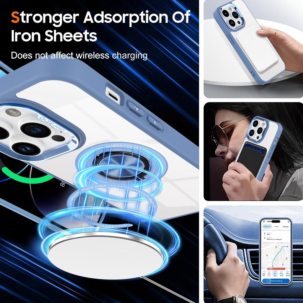 Husa de Protectie TPU, Vivimall, pentru iPhone 16 Pro Max, Anticadere, cu Incarcare Wireless, Tehnologie Magsafe, Inel Magnetic Rotativ cu Functie de Suport, Transparent-Albastru Deschis - vivimall.ro
