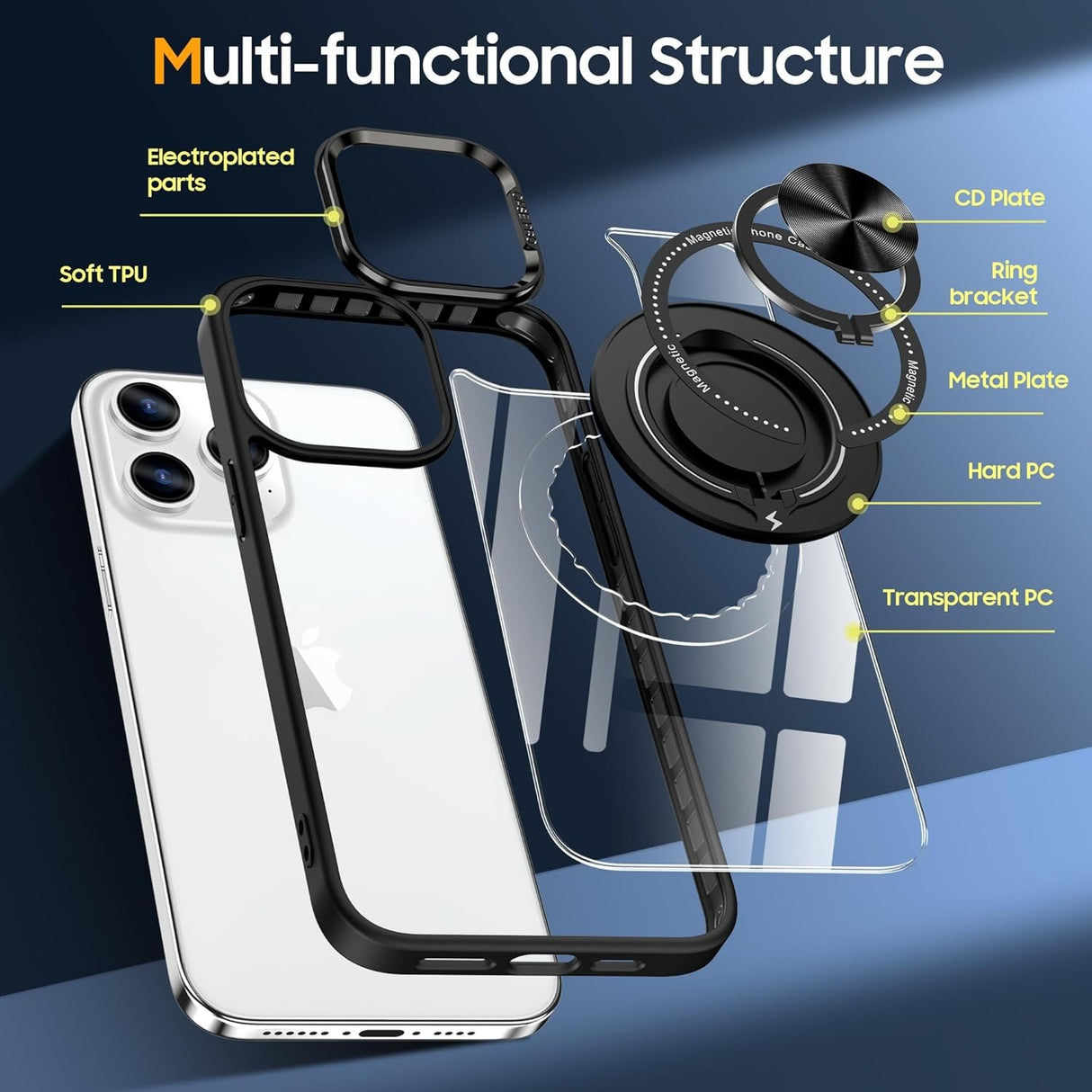 Husa de Protectie TPU, Vivimall, pentru iPhone 16 Pro Max, Anticadere, cu Incarcare Wireless, Tehnologie Magsafe, Inel Magnetic Rotativ cu Functie de Suport, Transparent-Negru - vivimall.ro