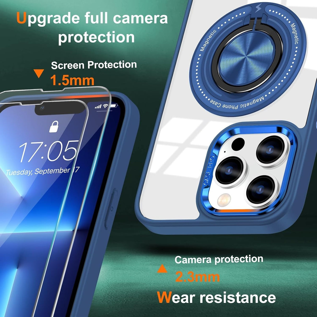 Husa de Protectie TPU, Vivimall, pentru iPhone 16 Pro Max, cu Incarcare Wireless, Tehnologie Magsafe, Inel Magnetic Rotativ cu Functie de Suport, Transparent-Albastru Inchis - vivimall.ro