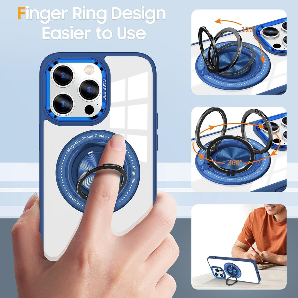 Husa de Protectie TPU, Vivimall, pentru iPhone 16 Pro Max, cu Incarcare Wireless, Tehnologie Magsafe, Inel Magnetic Rotativ cu Functie de Suport, Transparent-Albastru Inchis - vivimall.ro