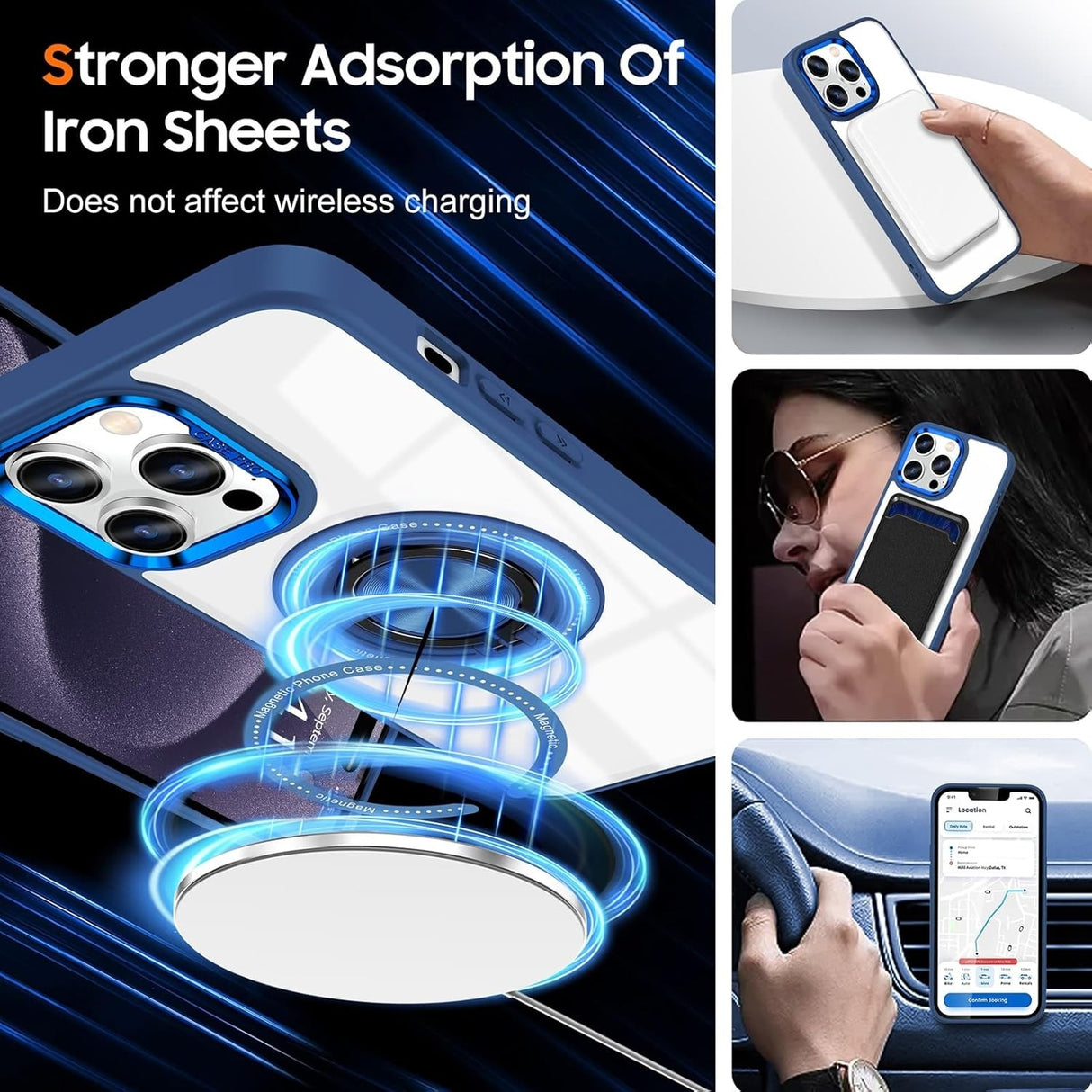 Husa de Protectie TPU, Vivimall, pentru iPhone 16 Pro Max, cu Incarcare Wireless, Tehnologie Magsafe, Inel Magnetic Rotativ cu Functie de Suport, Transparent-Albastru Inchis - vivimall.ro