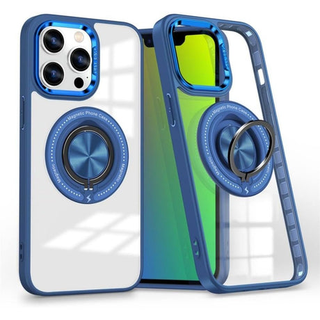 Husă TPU transparentă iPhone 16 Pro Max cu inel magnetic MagSafe, vedere frontală, albastru închis