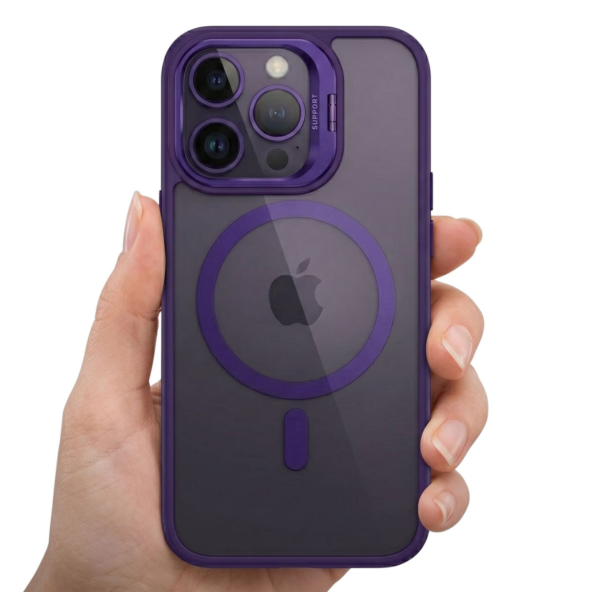 Detaliu suport metalic protecție cameră husă Flippy iPhone 17 Pro Max, accent industrial modern