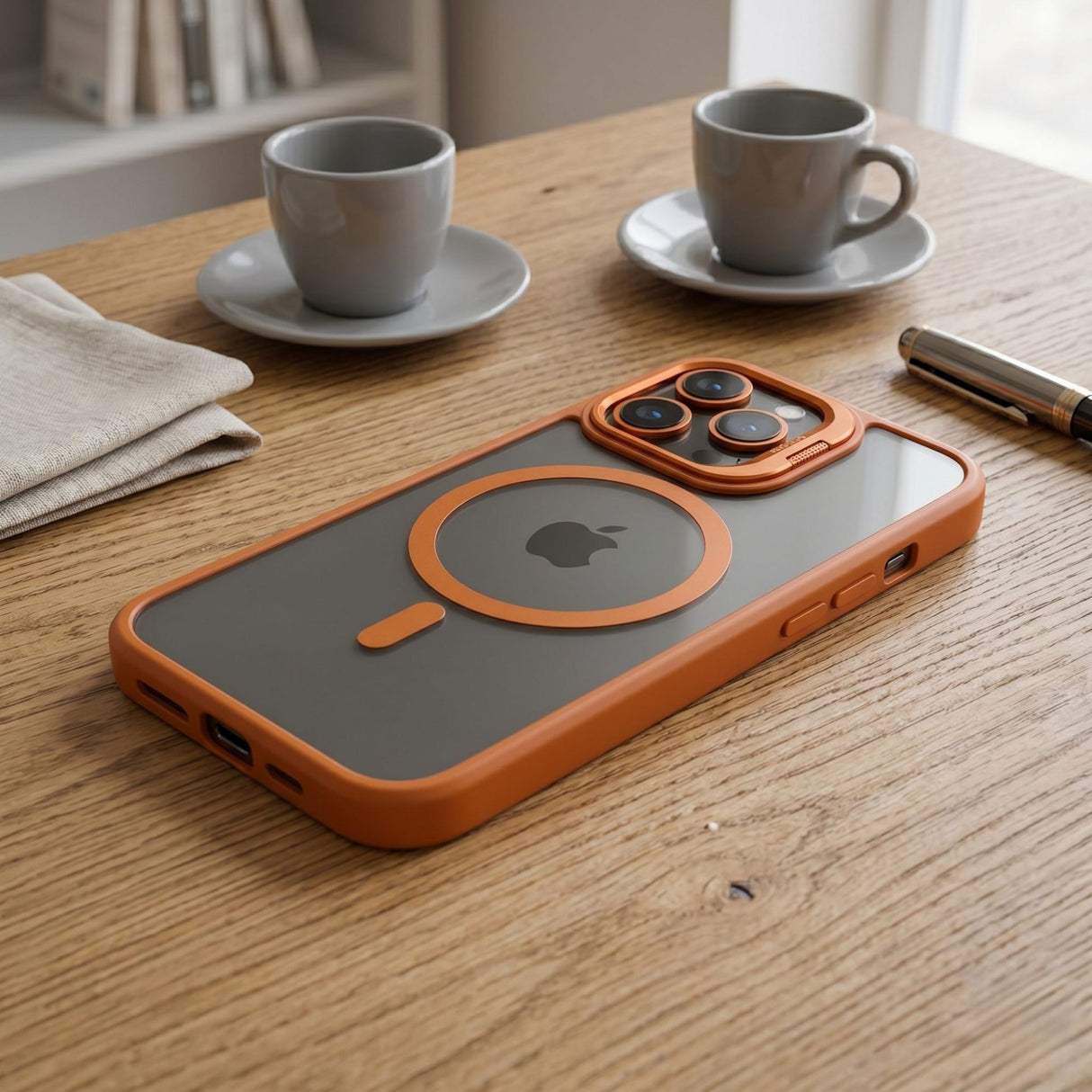 Detaliu suport metalic cameră husă Flippy iPhone 17 Pro Max, protecție modul foto, unghi lateral