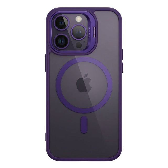 Husă Flippy iPhone 17 Pro MagSafe mov închis, vedere frontală, Acrylic Hard Shell cu suport metalic cameră