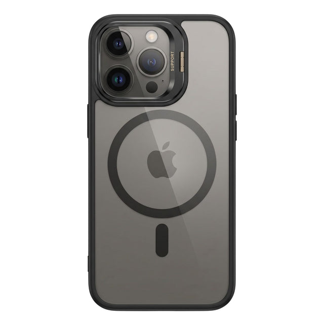 Husă Flippy MagSafe pentru iPhone 17 Pro Max, acrilic transparent cu suport metalic cameră, vedere frontală