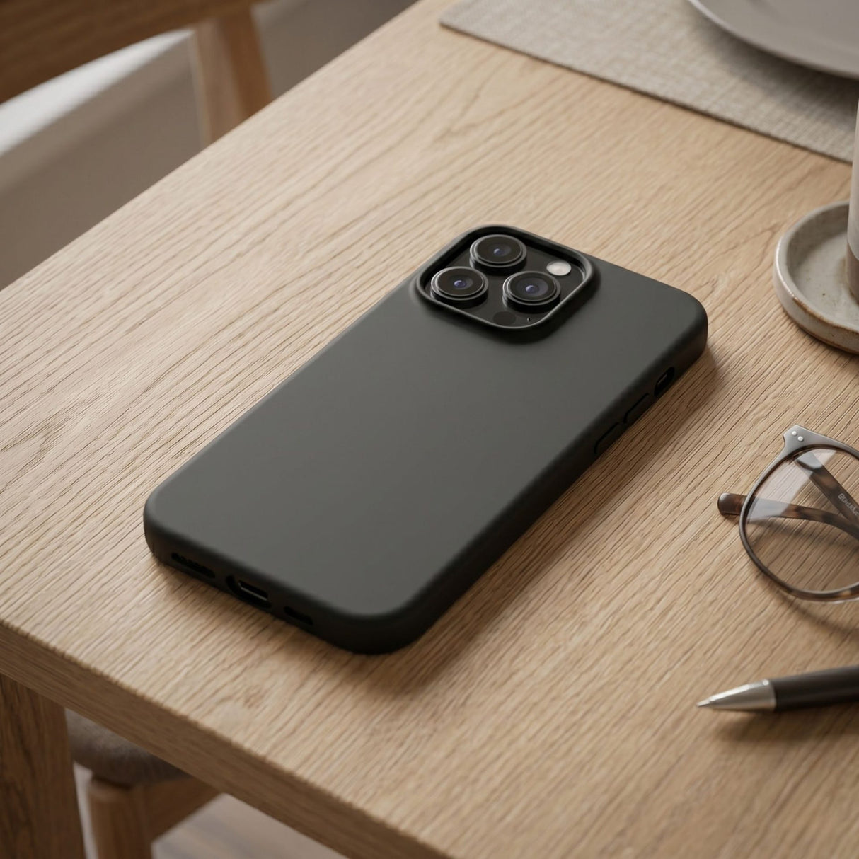 Husă silicon lichid negru Flippy pentru iPhone 16 Pro Max, detaliu margini ridicate ecran