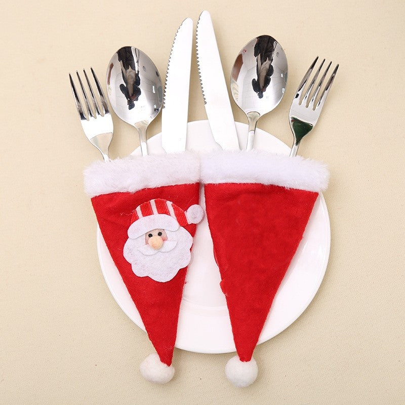 Husa decorativa festiva pentru 3 tacamuri Flippy, model caciulita cu Mos Craciun, material textil si poliester, 19 x 10 cm, rosu - vivimall.ro