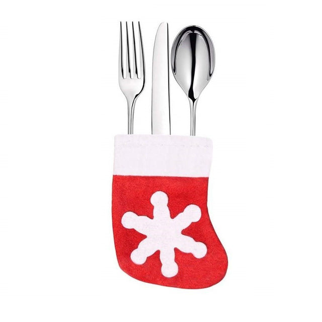 Husa decorativa festiva pentru 3 tacamuri Flippy, model soseata cu fulg, material textil si poliester, 14 x 8 cm, rosu - vivimall.ro