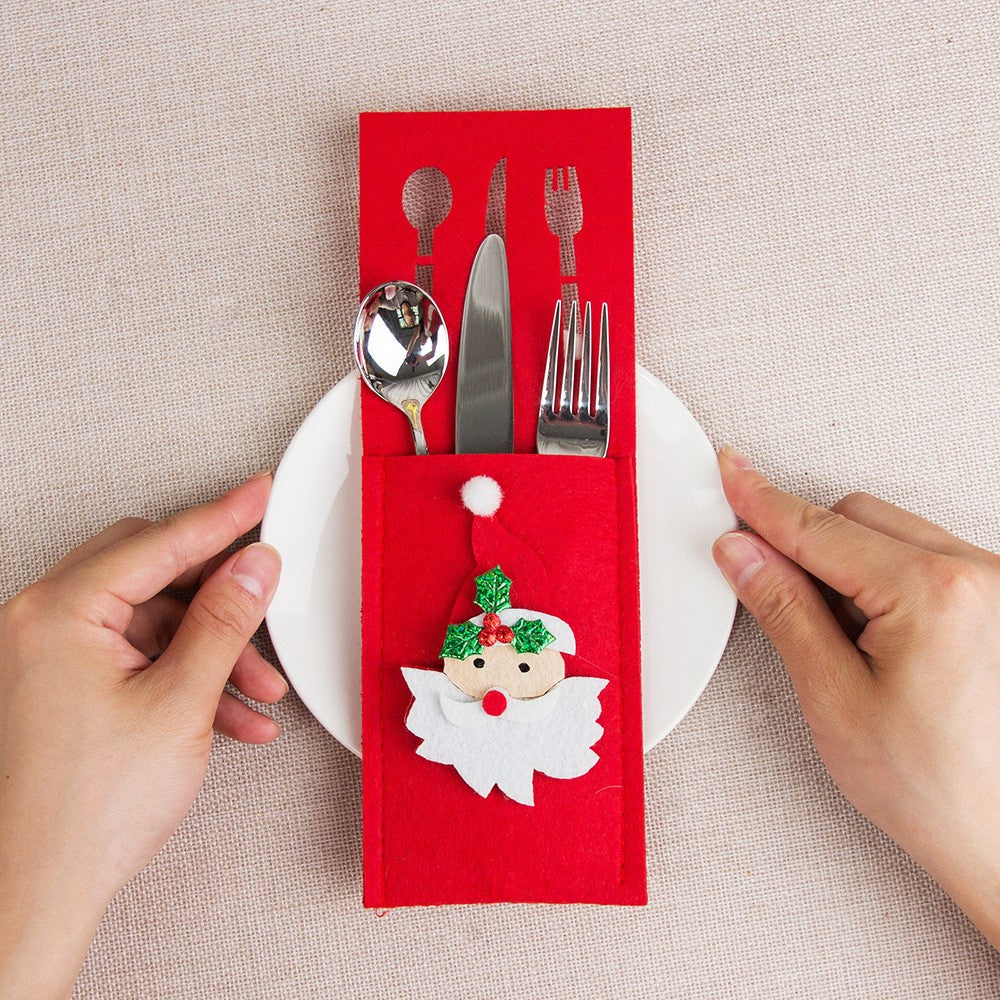 Husa decorativa pentru set tacamuri Vivimall, model Mos Craciun, material poliester, 25 x 8.5 cm, rosu - vivimall.ro