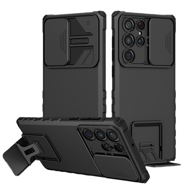 Husa Defender cu Stand pentru Samsung Galaxy S24 FE, Vivimall, Suport reglabil, Antisoc, Protectie glisanta pentru camera, Negru - vivimall.ro