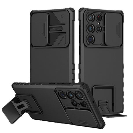 Husă Samsung Galaxy S24 FE Defender, capac glisant protecție cameră, detaliu spate negru