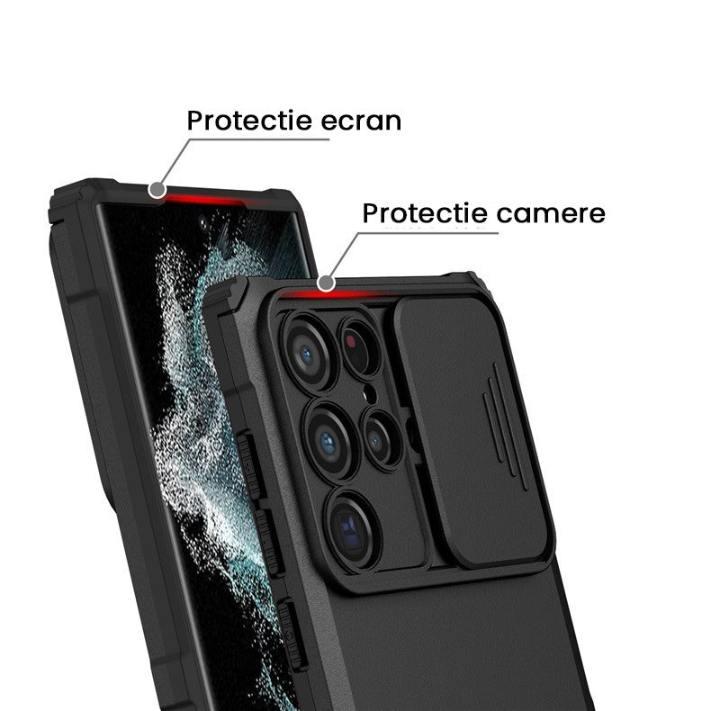 Husa Defender cu Stand pentru Samsung Galaxy S24 FE, Vivimall, Suport reglabil, Antisoc, Protectie glisanta pentru camera, Negru - vivimall.ro
